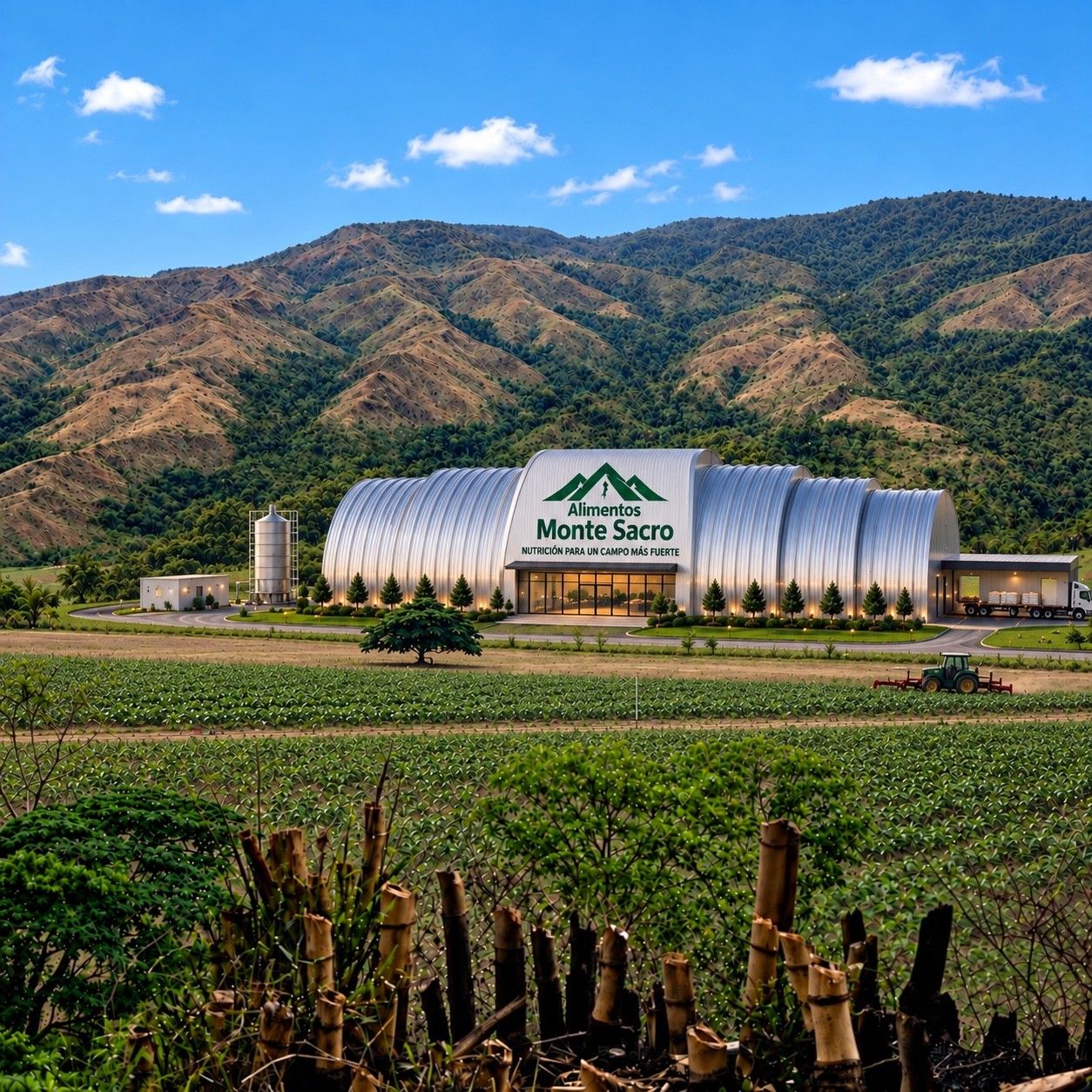 Visualización conceptual de la planta Alimentos Monte Sacro frente a las montañas de Chirgua
